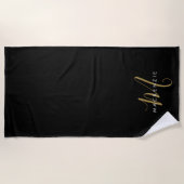 Serviette De Plage Monogramme élégant moderne noir or écriture (Devant)