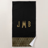 Serviette De Plage Monogramme Elegant Noir et Or Art Déco Gatsby (Devant)