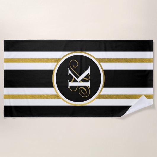 Serviette De Plage Monogramme Elégant Noir & Or Personnalisé (Devant)