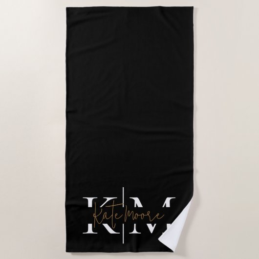 Serviette De Plage Monogramme élégant noir or script Stylé (Devant)