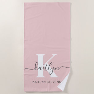 Serviette De Plage Monogramme élégant rose poudré gris écriture