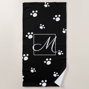 Serviette De Plage Monogramme Empreinte de patte de chien mou noir et