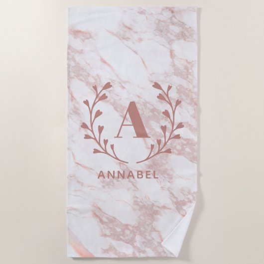 Serviette De Plage Monogramme en marbre rose Toute initiale et nom pe (Devant)