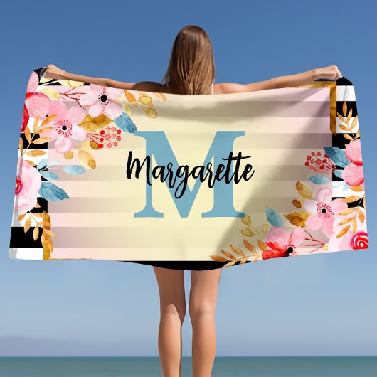 Serviette De Plage Monogramme et nom floral aquarelle rose d'été