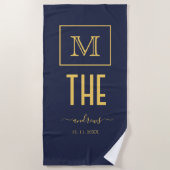 Serviette De Plage Monogramme et nom personnalisés Marine et or Plage (Devant)