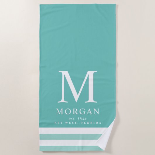 Serviette De Plage Monogramme famille en gras Turquoise | Blanc (Devant)