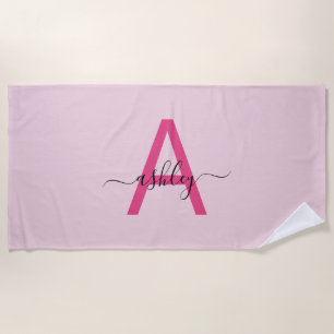 Serviette De Plage Monogramme Féminin Moderne en Écriture Rose Chaud