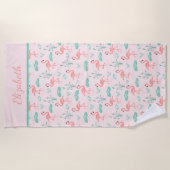 Serviette De Plage Monogramme Flamants roses roses Green Palm Feuille (Devant)