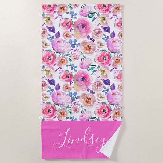 Serviette De Plage Monogramme floral du saumon jaune (Devant)