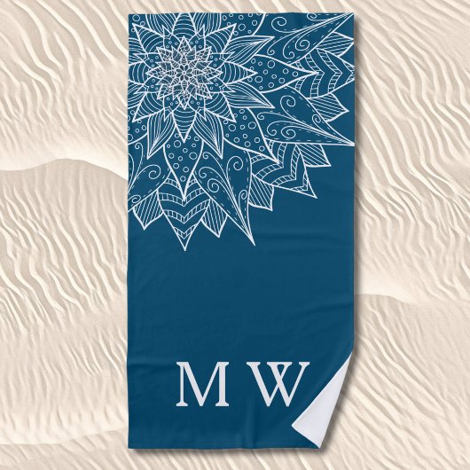 Serviette De Plage Monogramme Floral Élégant Bleu d'Été