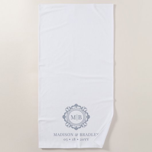 Serviette De Plage Monogramme Floral Orné Mariage Élégant Argent (Devant)