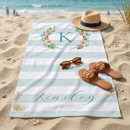 Serviette De Plage Monogramme floral paradis et rayures