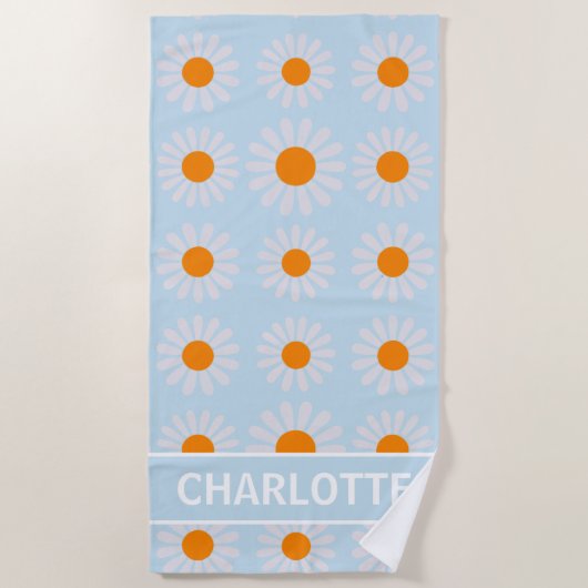 Serviette De Plage Monogramme floral rétro bleu orange blanc (Devant)