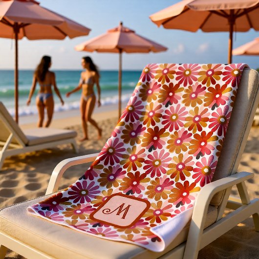 Serviette De Plage Monogramme Floral Rose Orange Rétro