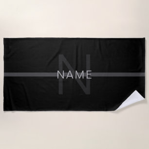 Serviette De Plage Monogramme gris foncé, nom et bande géométrique
