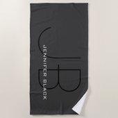 Serviette De Plage Monogramme Gris Noir Moderne Lettres initiales Nom (Devant)