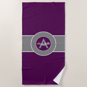 Serviette De Plage Monogramme gris pourpre personnalisé