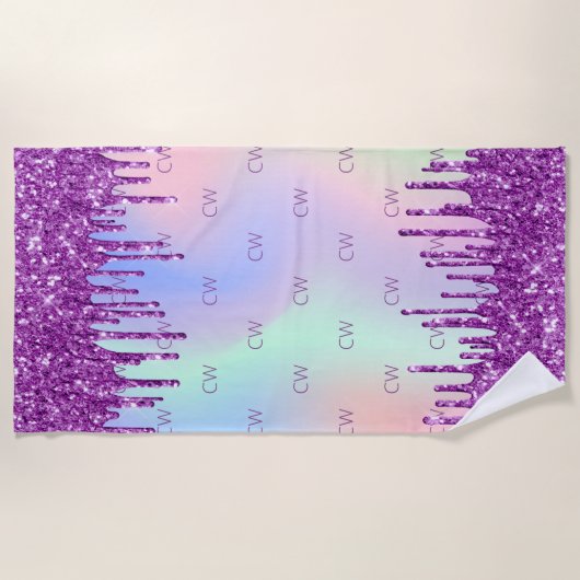 Serviette De Plage monogramme holographique rose parties scintillant (Devant)