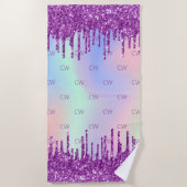 Serviette De Plage monogramme holographique rose parties scintillant  (Devant)