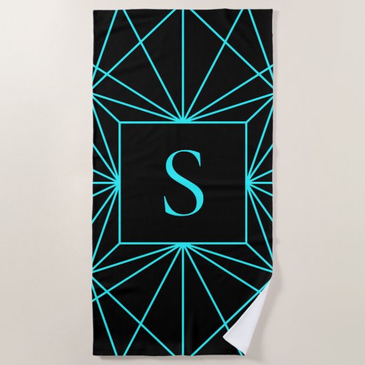 Serviette De Plage Monogramme initial | Design géométrique turquoise (Devant)