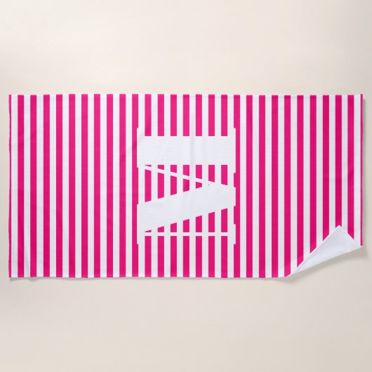 Serviette De Plage Monogramme initial fuchsia rose chaud rayures blan (Devant)