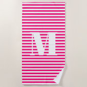Serviette De Plage Monogramme initial fuchsia rose chaud rayures blan (Devant)