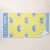 Serviette De Plage Monogramme Jaune n Bleu Aquarelle Crabe Nautique (Devant)