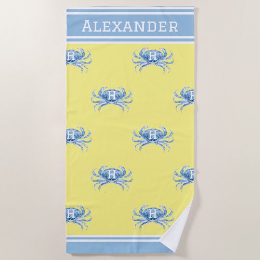 Serviette De Plage Monogramme Jaune n Bleu Aquarelle Crabe Nautique (Devant)