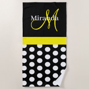 Serviette De Plage Monogramme jaune Noir Blanc Polka Dot Beach