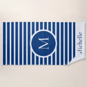 Serviette De Plage Monogramme marin rayé Marine et blanc (Devant)