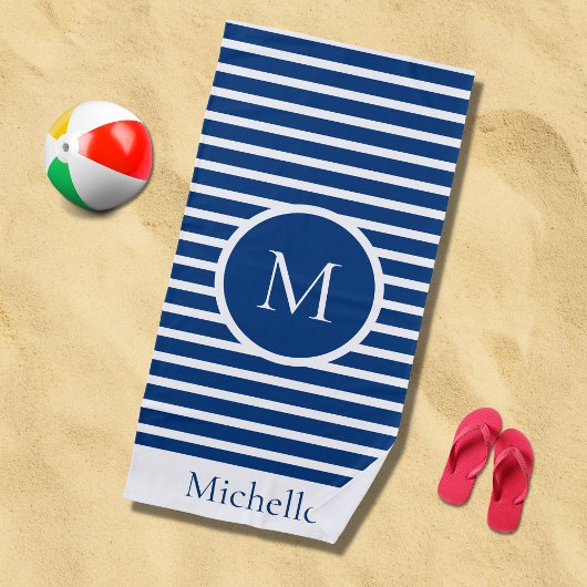 Serviette De Plage Monogramme marin rayé Marine et blanc