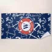 Serviette De Plage Monogramme marine Ancre bleue Maison de plage (Devant)