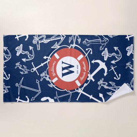Serviette De Plage Monogramme marine Ancre bleue Maison de plage (Devant)