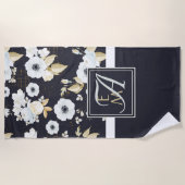 Serviette De Plage Monogramme Marine Bleu Blanc Floral Décor Anémone (Devant)