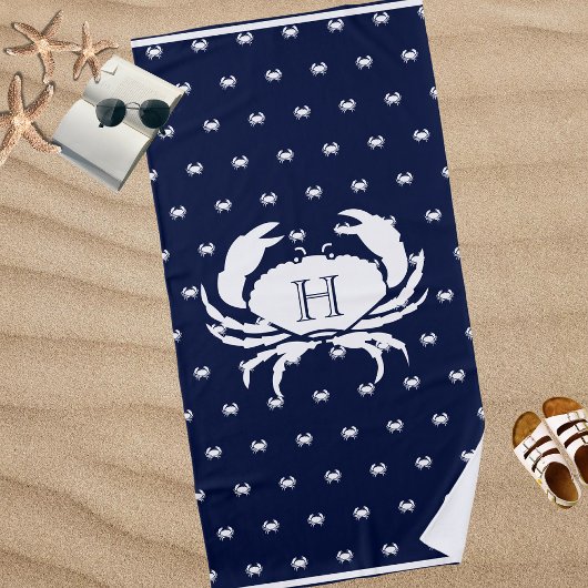 Serviette De Plage Monogramme Marine Bleu Crabe Blanc Nautique