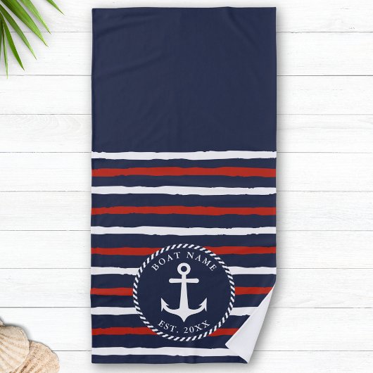 Serviette De Plage Monogramme Marine Bleu Rouge Blanc Ancre Nautique