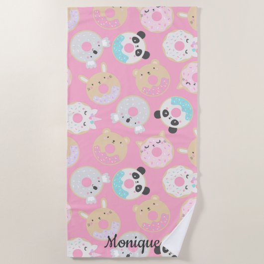 Serviette De Plage monogramme mignon des beignes animaux (Devant)