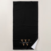 Serviette De Plage Monogramme minimal Élégant Noir Nom du script (Devant)