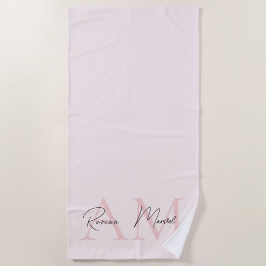 Serviette De Plage Monogramme minimal initial et nom Pastel rose (Devant)