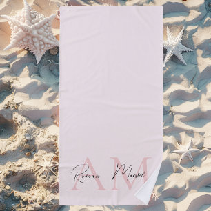 Serviette De Plage Monogramme minimal initial et nom Pastel rose