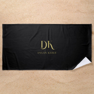 Serviette De Plage Monogramme minimaliste élégant Noir Or élégant