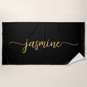 Serviette De Plage Monogramme minimaliste en or noir Nom Énorme Scrip