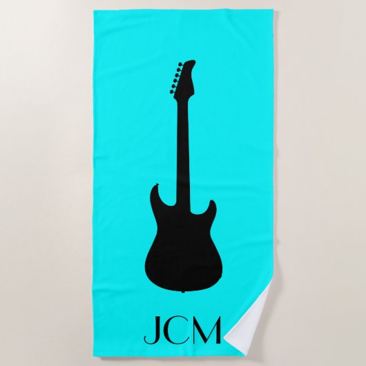 Serviette De Plage Monogramme moderne Black Electric Guitare / Aqua B (Devant)