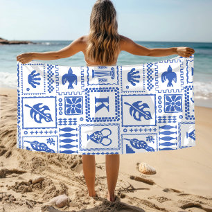 Serviette De Plage Monogramme Moderne Bleu Blanc Abstrait Motif