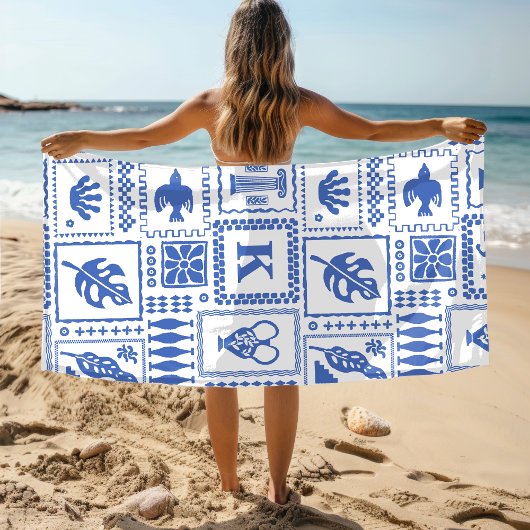 Serviette De Plage Monogramme Moderne Bleu Blanc Abstrait Motif