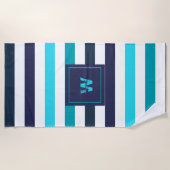 Serviette De Plage Monogramme moderne Bleu Turquoise rayures (Devant)