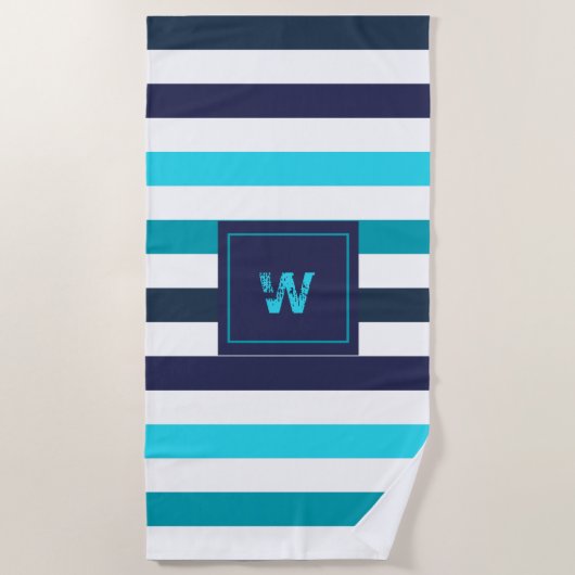 Serviette De Plage Monogramme moderne Bleu Turquoise rayures (Devant)