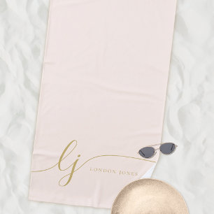 Serviette De Plage Monogramme Moderne Élégant Bleu Pink Gold Script