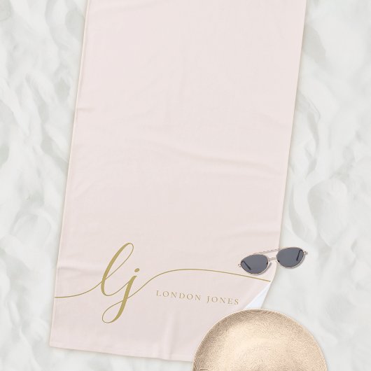 Serviette De Plage Monogramme Moderne Élégant Bleu Pink Gold Script