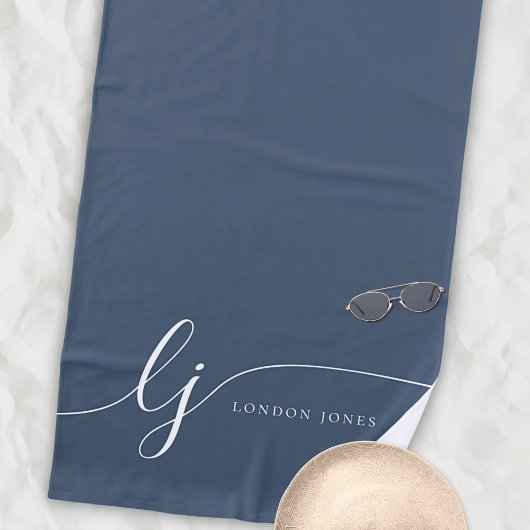 Serviette De Plage Monogramme Moderne Élégant Marine Blanche Initiale